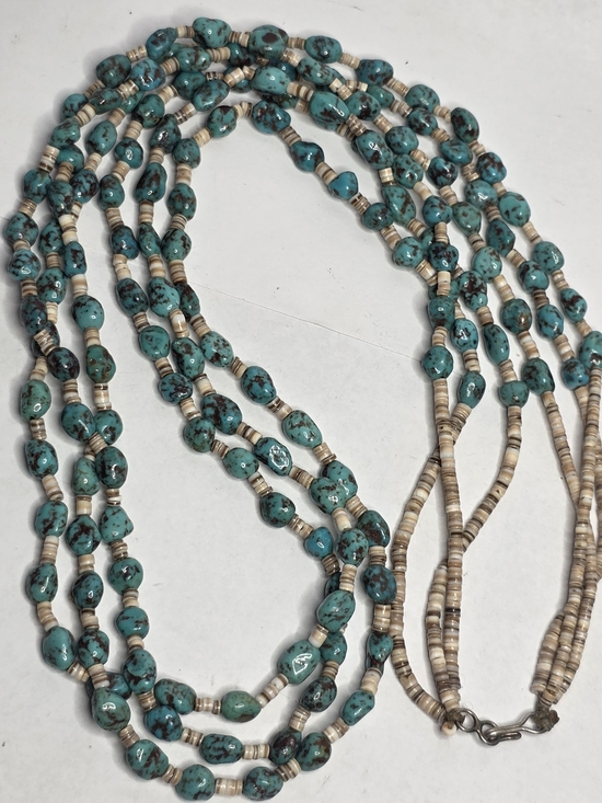 Native American Jewelry - Multi-Strand Turquoise Bead Necklace with Cream Accents - Women Jewelry